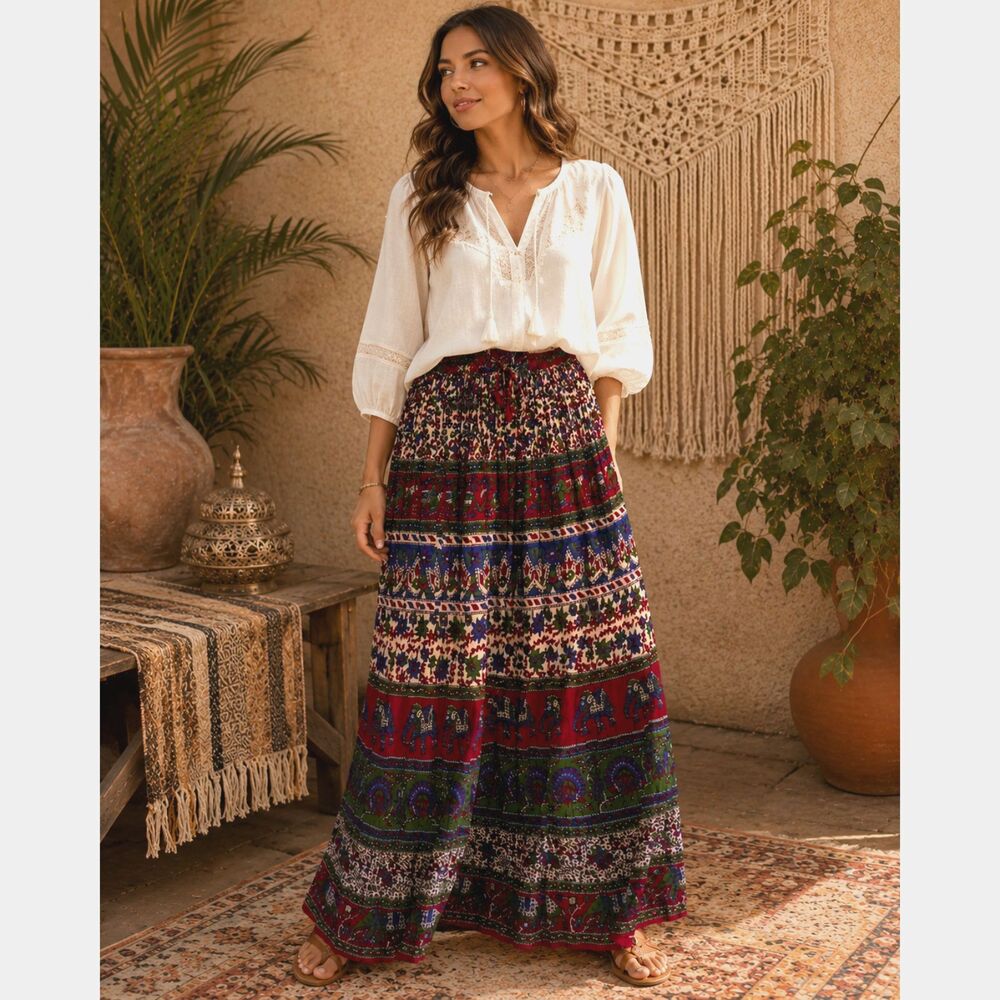Vintage Boho Hippie Festival Flowy Peasant Tired Indie Print Maxi Skirt OS